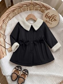 Baby Girl Color Block Lapel Long Sleeve Bow Decor Cute Jacket - Black - View 6