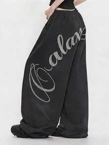 FRIFUL Women's Summer New Loose Casual Versatile Sweatpants With Back Rhinestone Letter - Grey - View 6