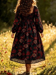 SHEIN LUNE CURVE 女款優雅復古不對稱下擺蕾絲拼接花卉印花燈籠袖洋裝 - 黑色 - 查看 2