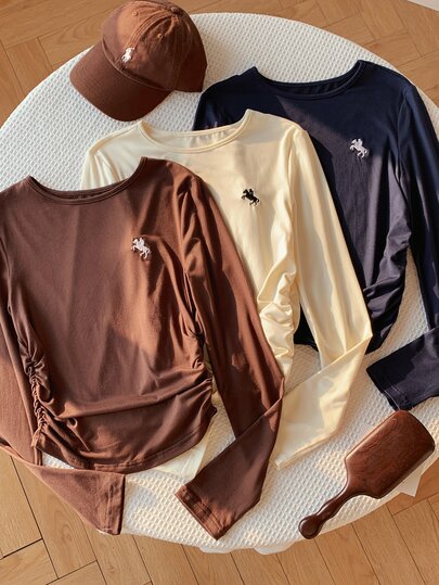 Comfortcana 3-Pack Women's Knight Embroidery Crew Neck Long Sleeve Casual T-Shirt