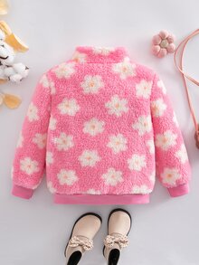 SHEIN 女童活力度假風粉色花卉圖案立領長毛絨拉鍊開襟外套，適合冬季外出 - 粉色 - 查看 2