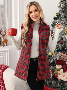 SHEIN Clasi 女款格紋前拉鍊休閒冬季背心外套 - 彩色 - 查看 3