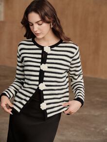 Anewsta Women's Striped Casual Daily Cardigan - Black and White - View 4