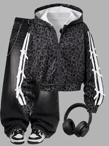 SHEIN Sparklyn 青少年女孩休閒純色蝴蝶結裝飾連帽拉鍊開襟外套，返校秋季款 - 灰色 - 查看 7