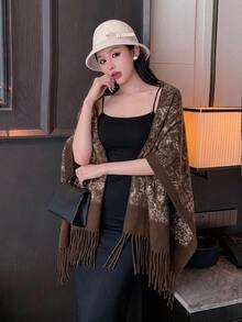 Joudiya Autumn Commute Elegant Office Shawl Jacket With Tassel Decoration And Floral Pattern For Women, Wool - Brown - View 2