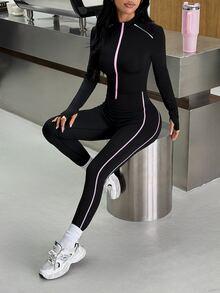 Muchica Women's Long Sleeve Zip-Up Casual Sports Jumpsuit - Black - View 3
