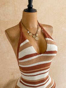 Soleia Women's Vacation Striped Halter Neck Tie Knit Dress With Fishtail Hem - Multicolor - View 6
