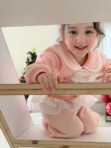 DAZY Setelan Sweatshirt 2 Potong Gaya Korea Kerah Peter Pan untuk Bayi Perempuan, Warna Polos, Kasual Musim Gugur/Dingin - Baby Pink - View 3