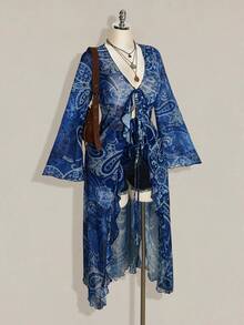 SHEIN ICON 大尺碼女款V領滿版印花休閒日常穿著上衣 - 寶藍色 - 查看 6