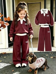 SHEIN Elladie kids 女童 2 件組復古美式學院風紅白色上衣與寬腿褲套裝，休閒秋季長袖圓領套裝，7 歲生日秋季穿搭 - 酒紅色 - 查看 4