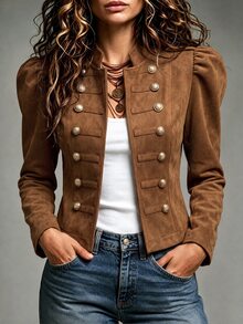 SHEIN Women's High-Quality Vintage Court Style Stand Collar Double-Breasted Gold Button Velvet Short Jacket With Puff Sleeves And Metal Decorative Buttons, Suitable For Commuting, Outings, Dates And Light Business Occasions - Brown - View 5