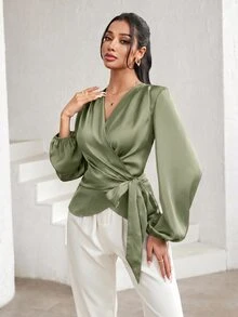 Modelyn 女款優雅商務通勤燈籠袖不對稱綁帶長袖襯衫 - 綠色 - 查看 7