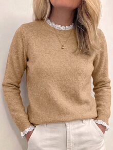 Sprig & Strand 春夏休閒舒適優雅女款針織套頭毛衣，純色長袖小圓領蕾絲拼接，上班通勤穿搭 - 卡其色 - 查看 1