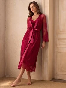Charlaine Women's Lace Patchwork Floral Decor Split Strap Dress And Hollow Out Sheer Cover-Up Sleepwear Set - Burgundy - View 6