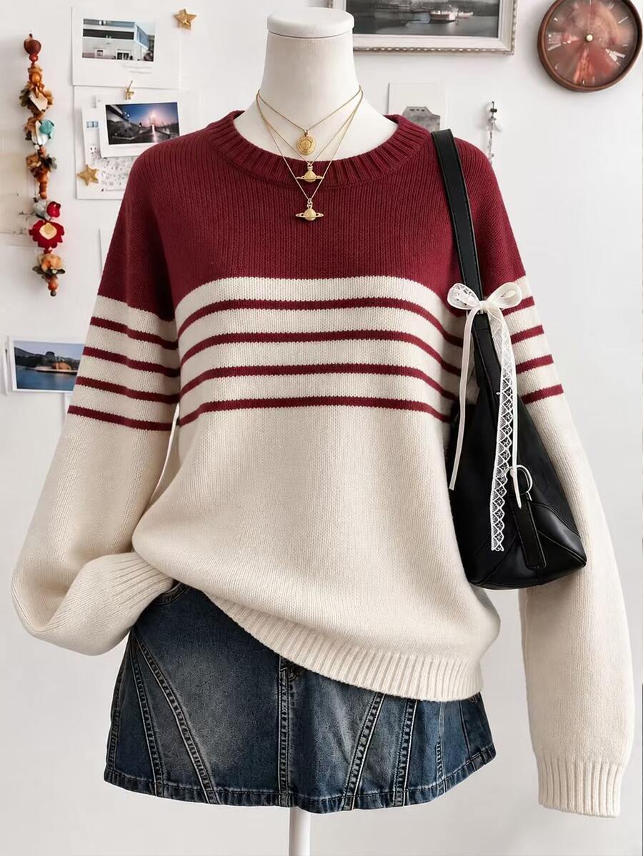 Lalippa Sweater Lengan Panjang Wanita Kerah Bulat Warna Kontras Garis Horizontal Kasual Serbaguna untuk Sehari-hari - Grey - View 1