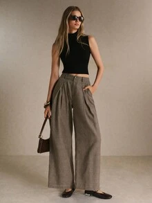 Poéselle Women's Plaid Pleated Fashion Commuter Wide Leg Suit Pants - Brown - View 5