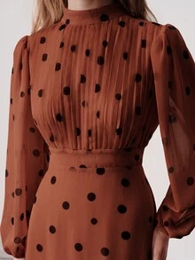 Aveloria Modichic Women's Dress Stand Collar Waisted A-Line Textured Chiffon Pleated Front Lantern Sleeve French Rust Brown Long Midi Thanksgiving Brunch Fall - Rust Brown - View 6