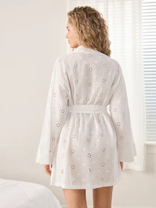 Ocili Solid Color Hollow Embroidery Comfortable Tie Long Sleeve Women's Loungewear Robe Jacket - White - View 3