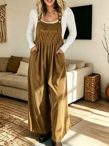 Zayélia Women's Autumn Solid Color Pocket Design Pleated Wide Leg Overall Jumpsuit - Khaki - View 1