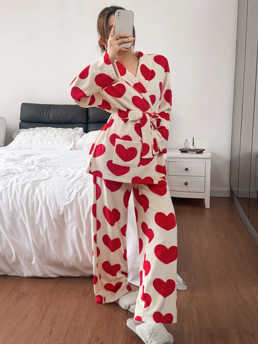 SHEIN Heart Flannel Soft & Comfortable Tie-Up Robe And Pants Loungewear Set - Multicolor - View 1