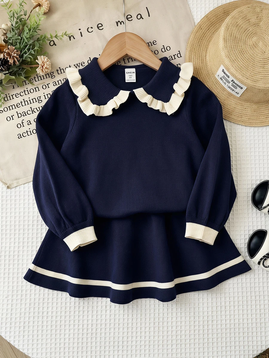 SHEIN Baby Girl Casual Comfortable Collared Ruffle Hem Sweater & Autumn Winter Skirt Set, Royal Blue Contrast Color - Royal Blue - View 1