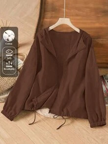 Linhara Plus Size Women's Casual Faux Linen Hooded Jacket - Coffee Brown - View 1