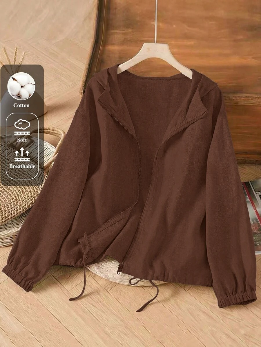 Linhara Plus Size Women's Casual Faux Linen Hooded Jacket - Coffee Brown - View 1