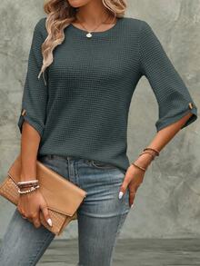 Linhara CURVE Women's Summer Casual Minimalist Round Neck Textured T-Shirt, Plus Size T-Shirt - Green - View 3