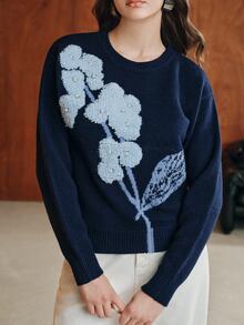 Anewsta Women's Knitted Pullover Jacquard Floral Embroidered Beaded Sweater Top - Navy Blue - View 2