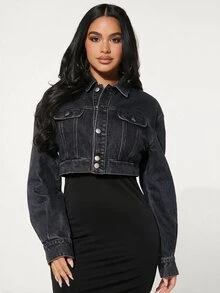 SHEIN SXY 女款時尚短版鈕扣設計牛仔夾克 - 深灰色 - 查看 3