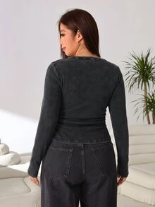 Solflare Plus Size Solid Rib-Knit Half Button Placket Slim Waist Tee Fall - Black - View 2