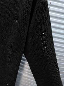 Manfinity CasualKnits 男士純色圓領落肩長袖做舊休閒毛衣，男孩秋冬日常新款 - 黑色 - 查看 5
