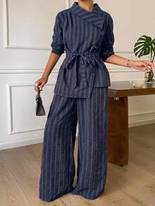 DAZY Women's Striped Collared Long Sleeve Shirt And Loose Straight Leg Pants Casual 2 Pieces Set - Navy Blue - View 5