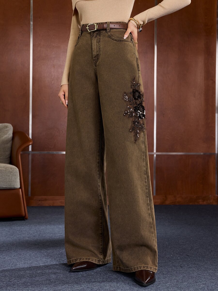 Anewsta Celana Jeans Lurus dengan Bordir Renda Manik-Manik - Coffee Brown - View 1