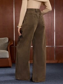 Anewsta Celana Jeans Lurus dengan Bordir Renda Manik-Manik - Coffee Brown - View 6