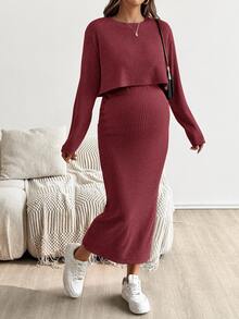 SHEIN Maternity Solid Color Round Neck Short Sleeve Top And Skirt 2 Pieces Set - Burgundy - View 4