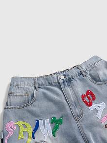 ROMWE Street Life Light Blue Applique Embroidery Studded Colorful Roman Pattern Sun Element Plus Size Women's 5-Inch Denim Shorts - Blue - View 5