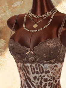 Amplova Gaun Mini Cami Motif Zebra dengan Renda Kontras Seksi untuk Wanita - Mocha Brown - View 4
