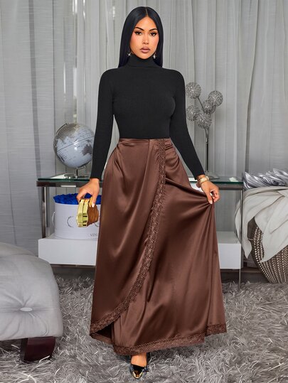 SOLERSUN Rok Satin & Renda Patchwork Desain Elegan Seksi untuk Wanita, Cocok untuk Acara Santai, Pesta Teh, Musim Gugur/Dingin