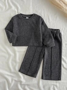 SHEIN Vintaside Kids 2件組女嬰上衣+長褲套裝，甜美深灰色毛絨羅紋針織，中縫設計，彈性長袖圓領，休閒款，適合生日派對、秋季假期、聖誕節 - 黑色 - 查看 1