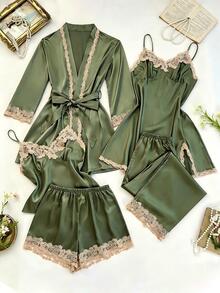 SilkySpell 5-Piece Contrast Trim Faux Silk Camisole, Shorts, Pants, Robe And Nightgown Set - Army Green - View 6
