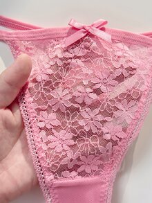 PetitDoll 3件組女款前蝴蝶結蕾絲拼接花卉圖案丁字褲 - 彩色 - 查看 4