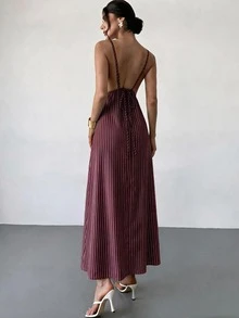 Firerie 女款長條紋細肩帶露背洋裝，適合約會、度假、派對、日常穿著、聚會、戶外活動 - 酒紅色 - 查看 4