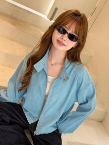 K-Vae Women's Light Blue Stand Collar Loose Casual Zip-Up Cardigan Jacket Top - Blue - View 3