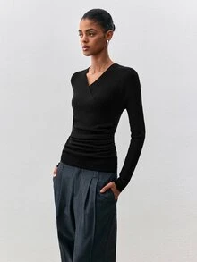ATUI Studio Women's New Wrap V-Neck Slim Fit Ribbed Knit Long Sleeve Ruched Waist Cropped Wool Sweater, All Seasons - Black - View 9