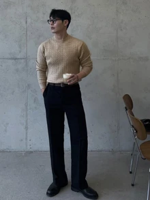 DAZY Autumn/Winter Khaki Cable Knit Fitted Crew Neck Ribbed Cuff & Hem Korean Style Men's Sweater - Khaki - View 4
