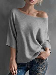 Omancia Women's Elegant Commute One-Shoulder Boat Neck Loose Batwing Knit Top - Light Grey - View 8