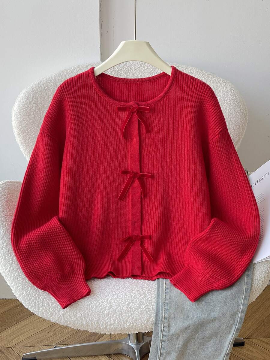 SHEIN Tween Girl Red Cardigan, Kids Suitable For Autumn/Winter, Velvet Bow, Basic Red Knit Cardigan, Christmas, Spring Festival, Holiday Party - Red - View 1