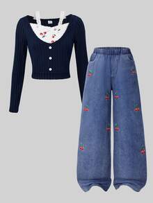 SHEIN Sparklyn 2Pcs Tween Girls Cute Patchwork V-Neck Long Sleeve T-Shirt & Embroidered Denim Pants Set, Autumn - Navy Blue - View 3