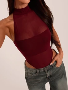 SHEIN BAE 秋冬酒紅色高領透視網紗無袖緊身性感連身衣 感恩節亡靈節派對夜生活穿搭 - 酒紅色 - 查看 8